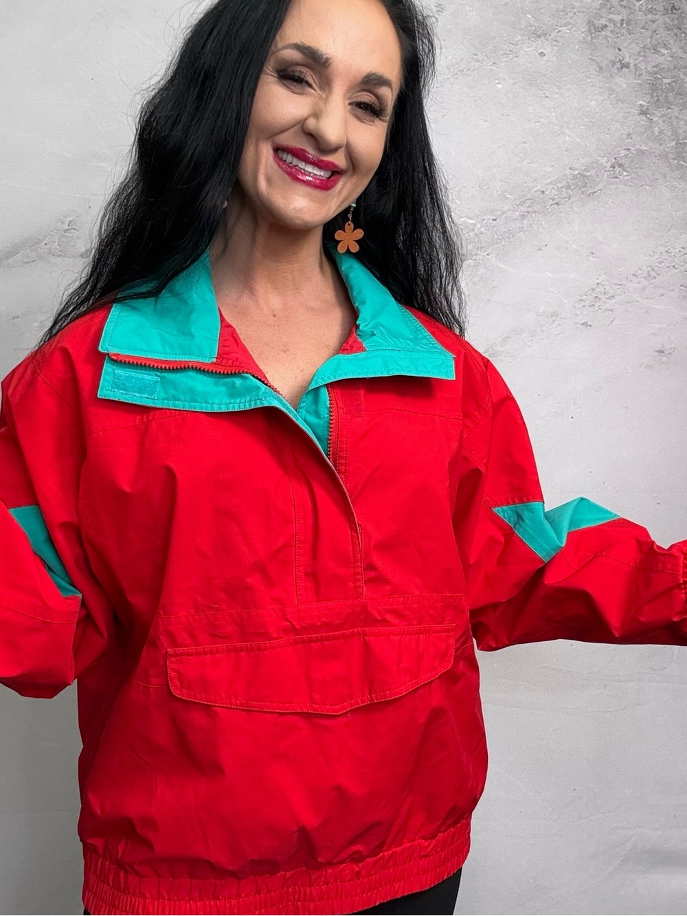 Eddie Bauer Red Ski Pullover Jacket with Teal Accents